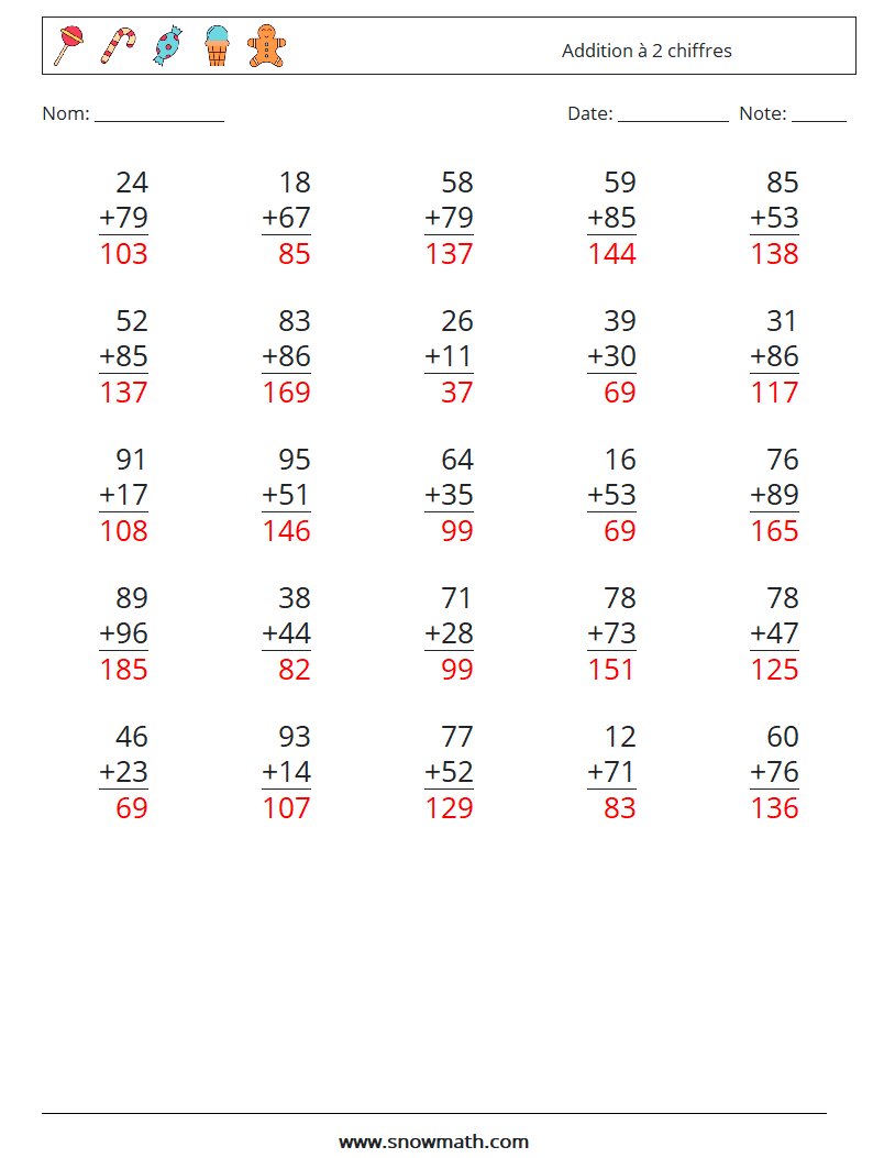 (25) Addition à 2 chiffres Fiches d'Exercices de Mathématiques 16 Question, Réponse