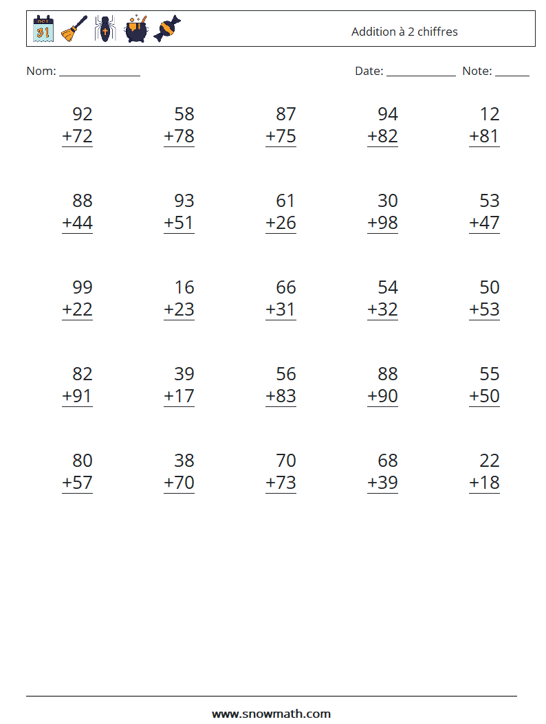 (25) Addition à 2 chiffres Fiches d'Exercices de Mathématiques 17