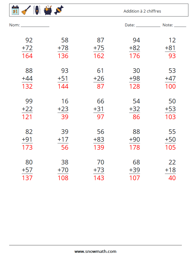 (25) Addition à 2 chiffres Fiches d'Exercices de Mathématiques 17 Question, Réponse