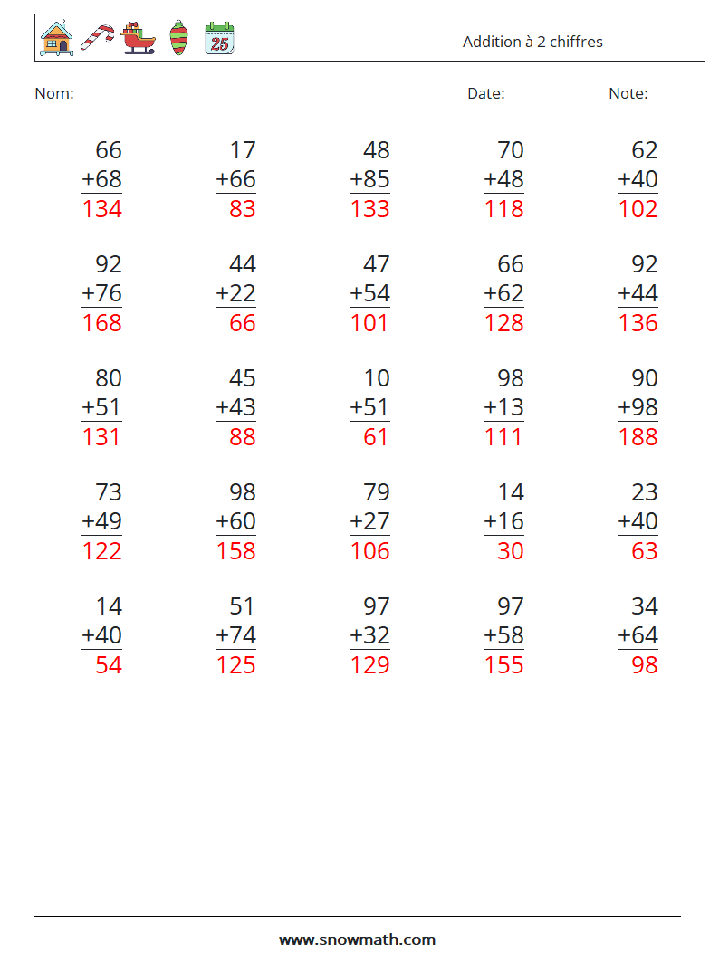 (25) Addition à 2 chiffres Fiches d'Exercices de Mathématiques 18 Question, Réponse