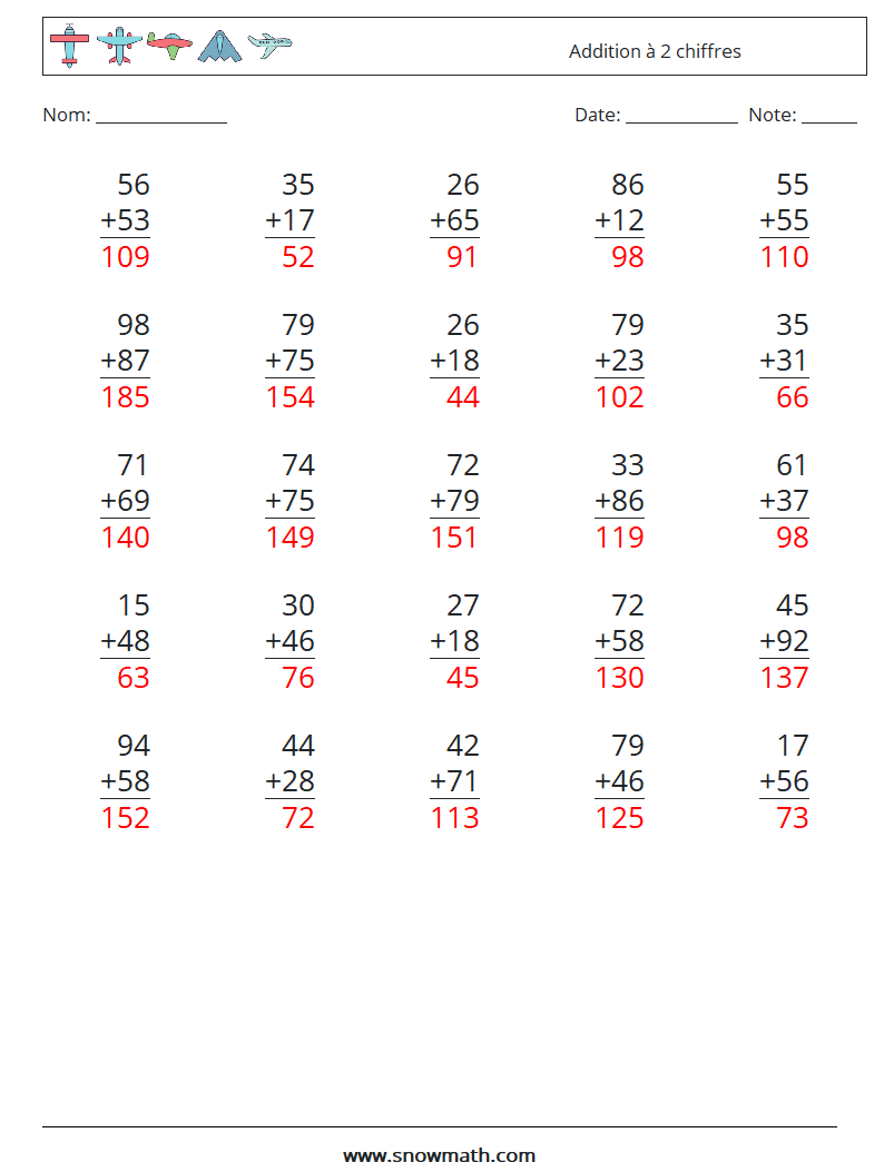 (25) Addition à 2 chiffres Fiches d'Exercices de Mathématiques 1 Question, Réponse