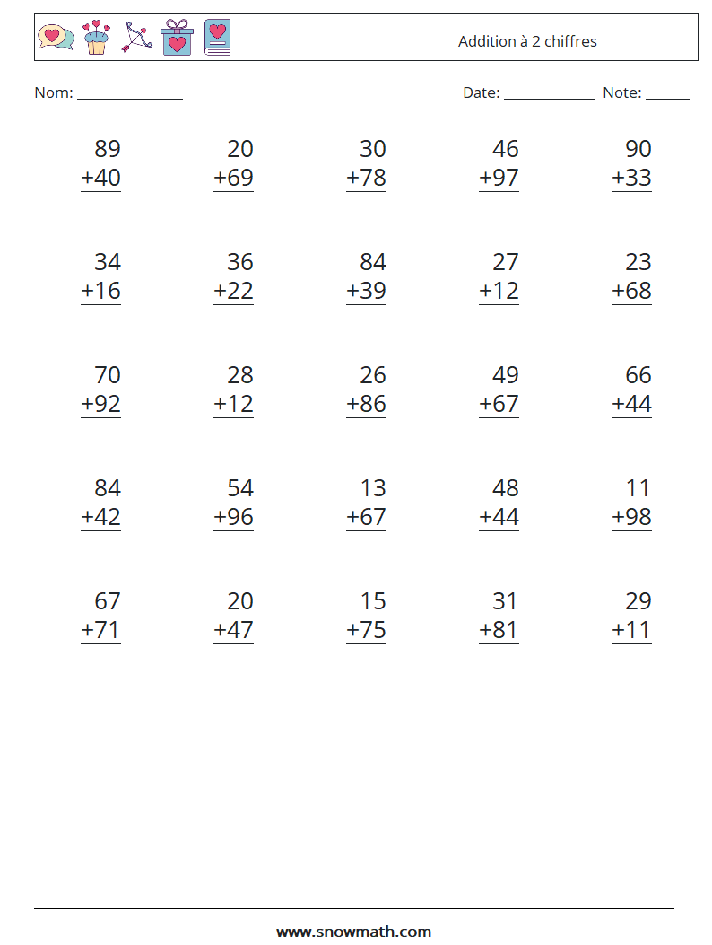 (25) Addition à 2 chiffres Fiches d'Exercices de Mathématiques 2