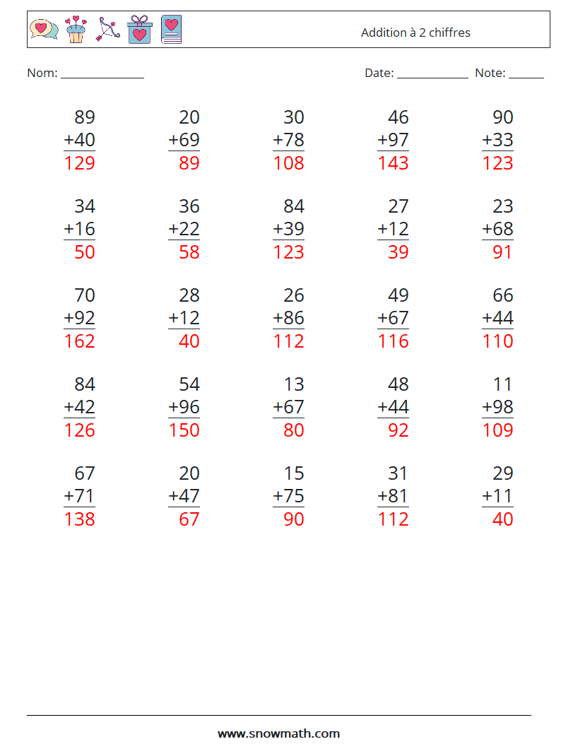 (25) Addition à 2 chiffres Fiches d'Exercices de Mathématiques 2 Question, Réponse