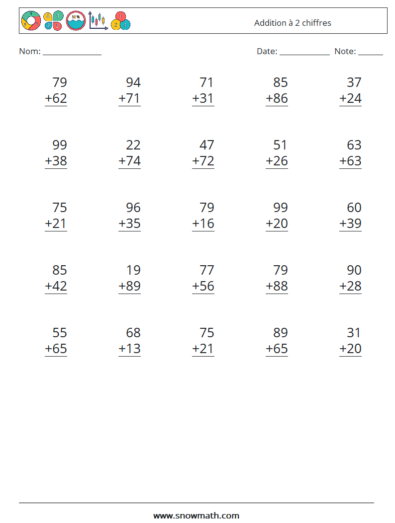 (25) Addition à 2 chiffres Fiches d'Exercices de Mathématiques 3