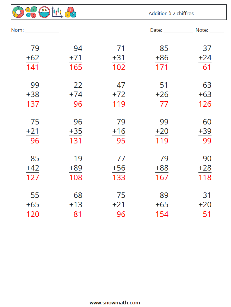 (25) Addition à 2 chiffres Fiches d'Exercices de Mathématiques 3 Question, Réponse