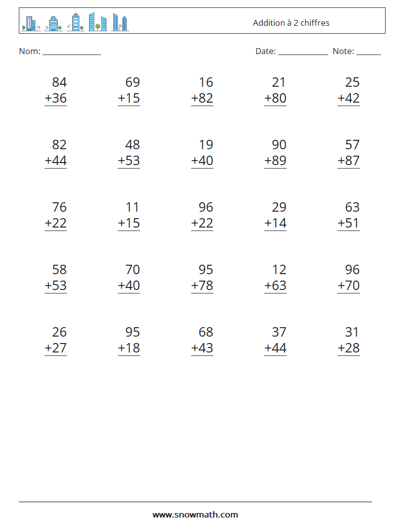 (25) Addition à 2 chiffres Fiches d'Exercices de Mathématiques 4