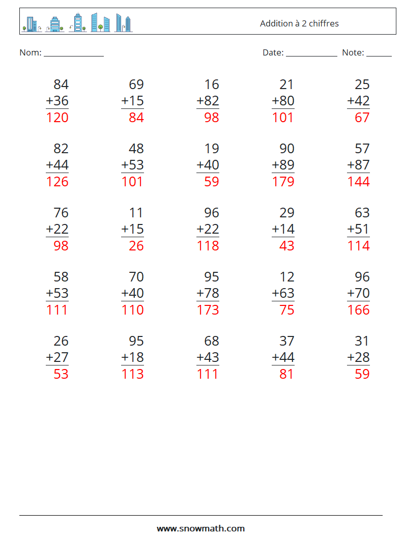 (25) Addition à 2 chiffres Fiches d'Exercices de Mathématiques 4 Question, Réponse