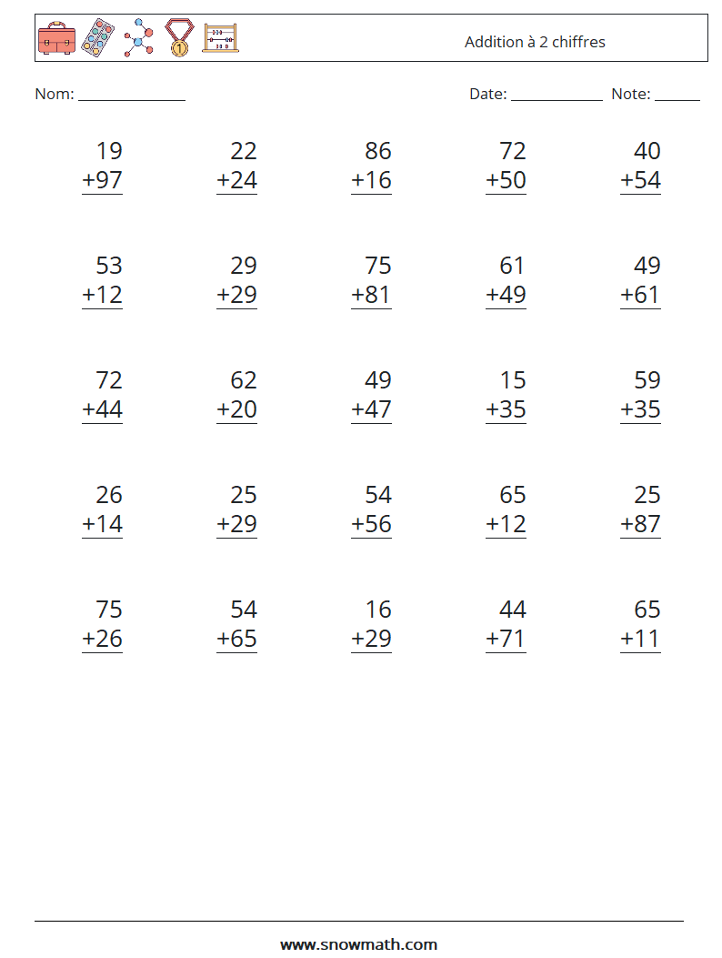 (25) Addition à 2 chiffres Fiches d'Exercices de Mathématiques 5