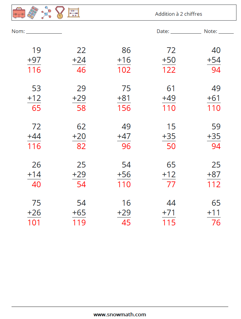 (25) Addition à 2 chiffres Fiches d'Exercices de Mathématiques 5 Question, Réponse