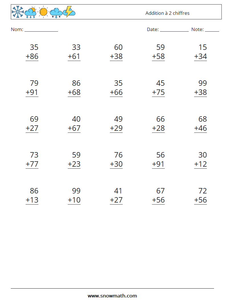 (25) Addition à 2 chiffres Fiches d'Exercices de Mathématiques 6