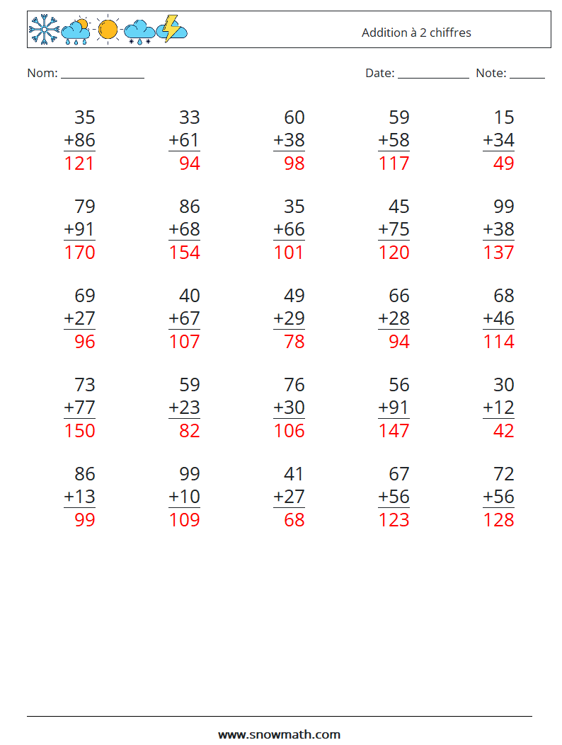 (25) Addition à 2 chiffres Fiches d'Exercices de Mathématiques 6 Question, Réponse