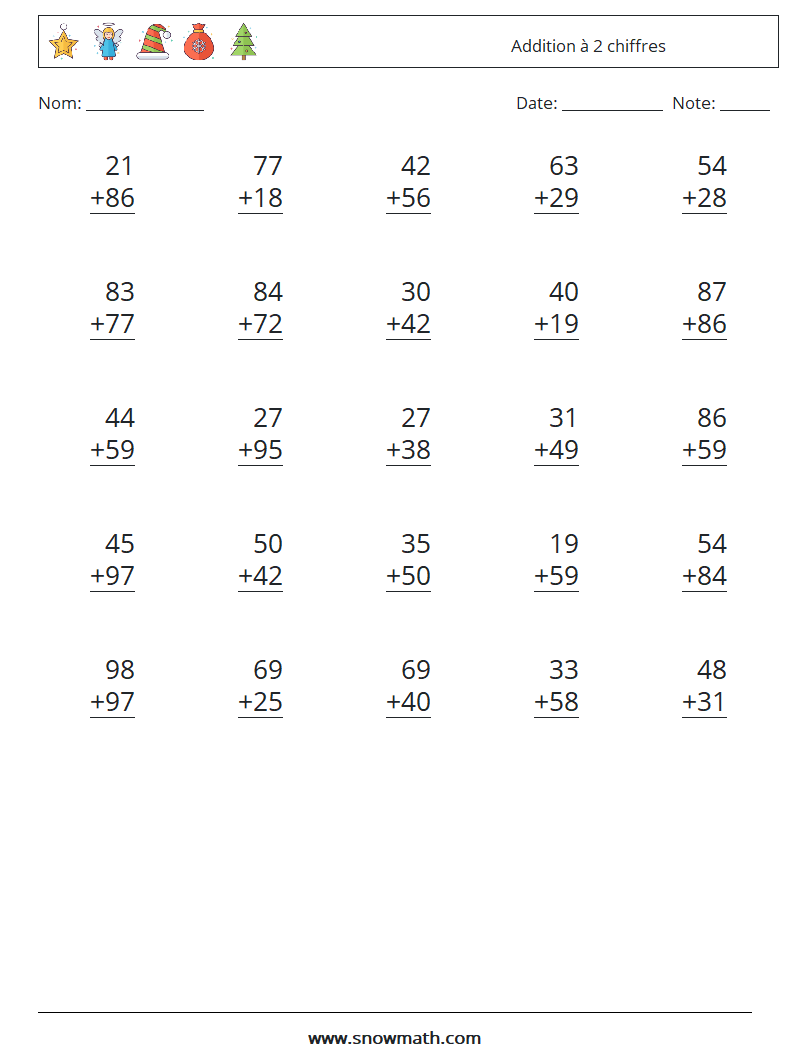 (25) Addition à 2 chiffres Fiches d'Exercices de Mathématiques 7