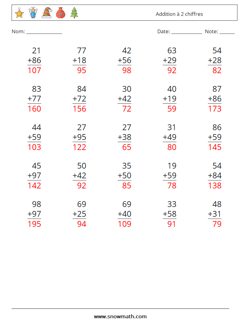 (25) Addition à 2 chiffres Fiches d'Exercices de Mathématiques 7 Question, Réponse