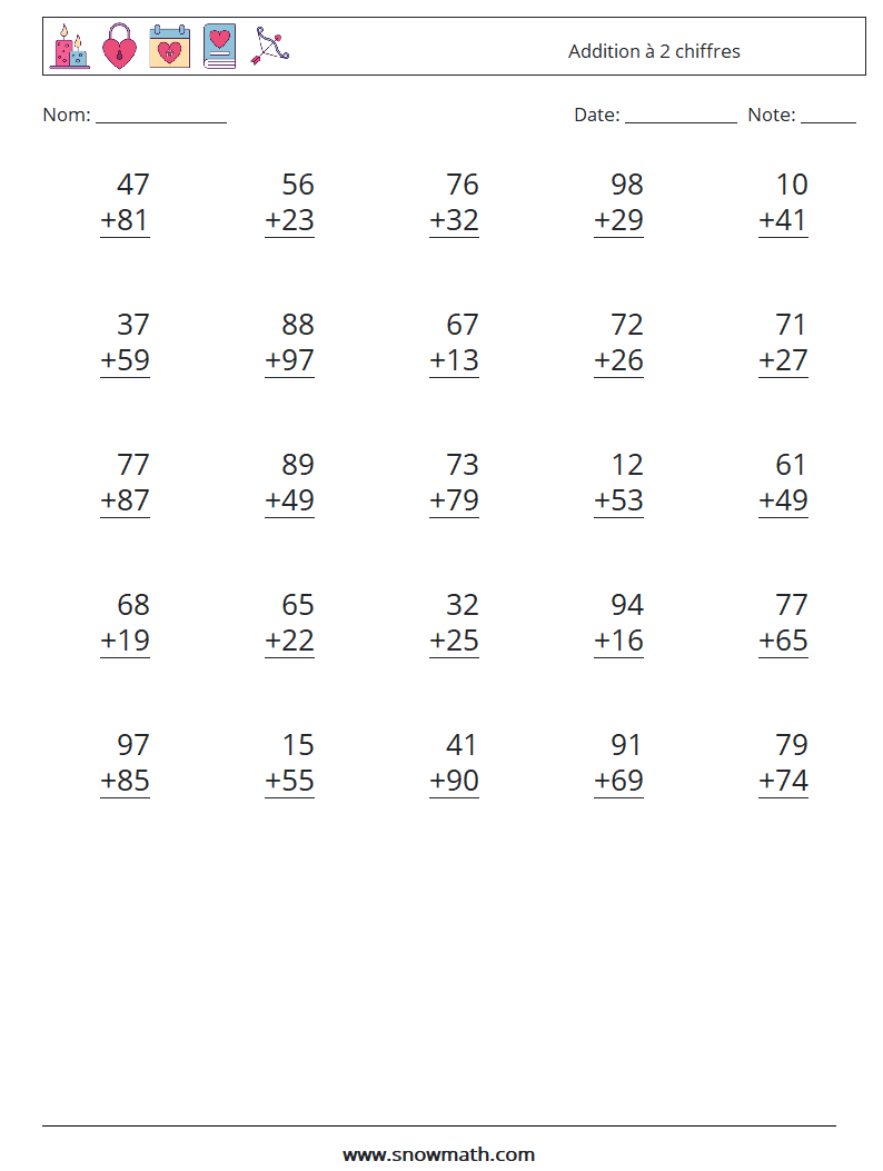 (25) Addition à 2 chiffres Fiches d'Exercices de Mathématiques 8