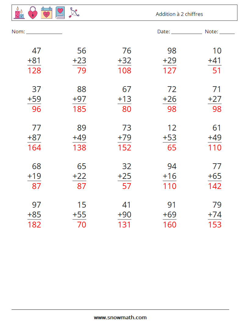 (25) Addition à 2 chiffres Fiches d'Exercices de Mathématiques 8 Question, Réponse