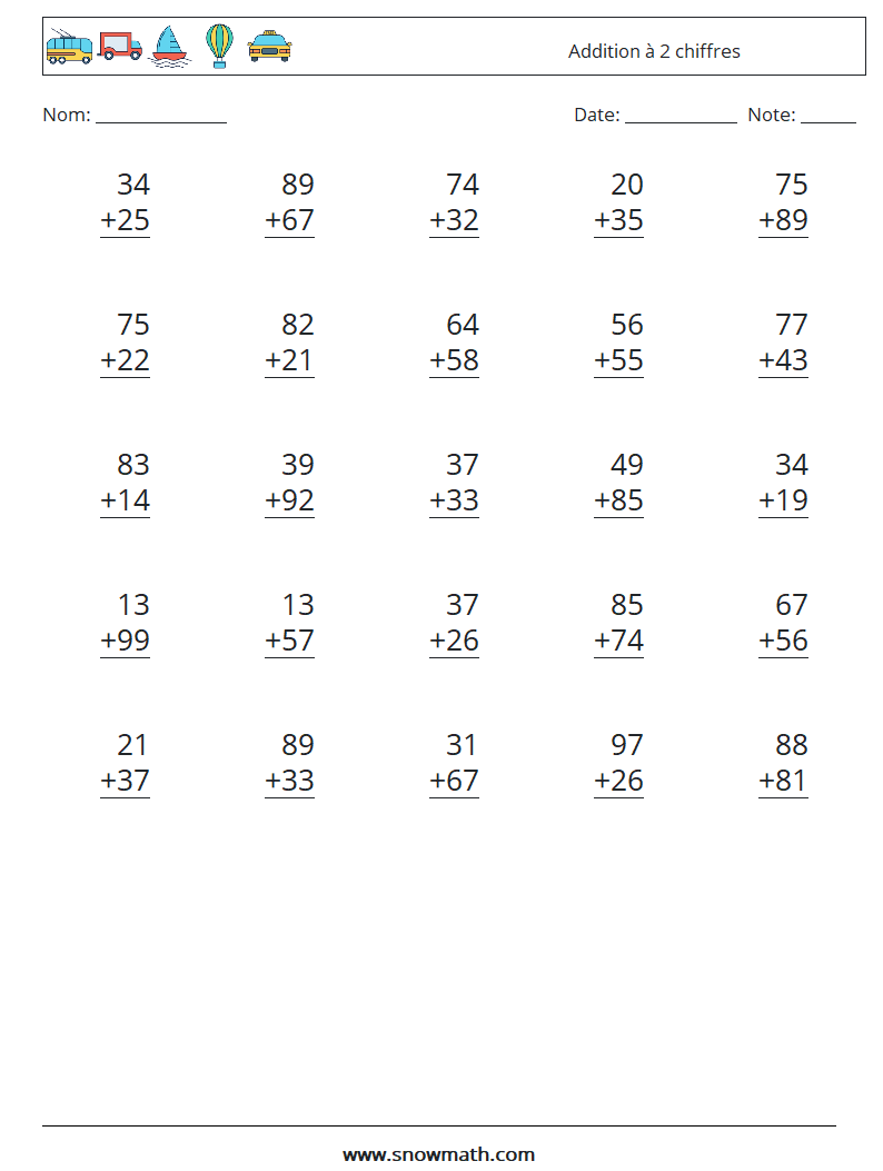 (25) Addition à 2 chiffres Fiches d'Exercices de Mathématiques 9