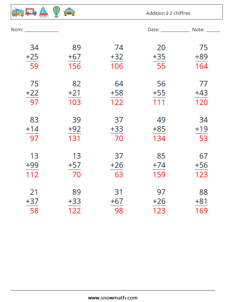 (25) Addition à 2 chiffres Fiches d'Exercices de Mathématiques 9 Question, Réponse