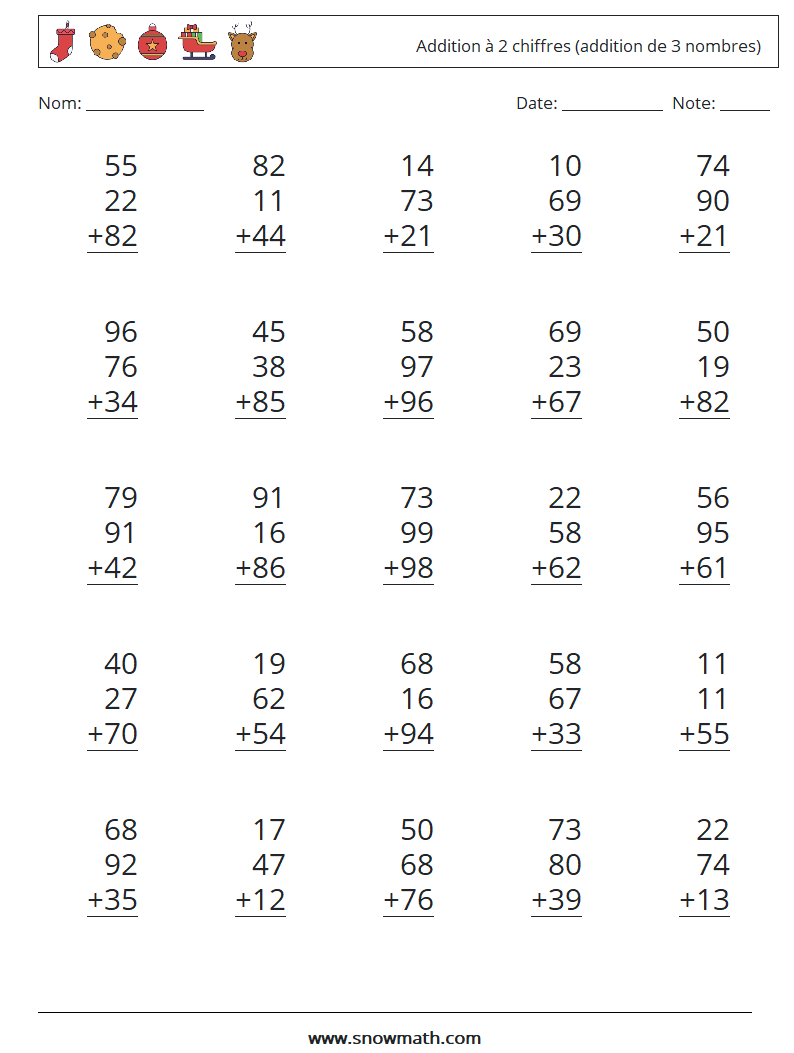 (25) Addition à 2 chiffres (addition de 3 nombres) Fiches d'Exercices de Mathématiques 1