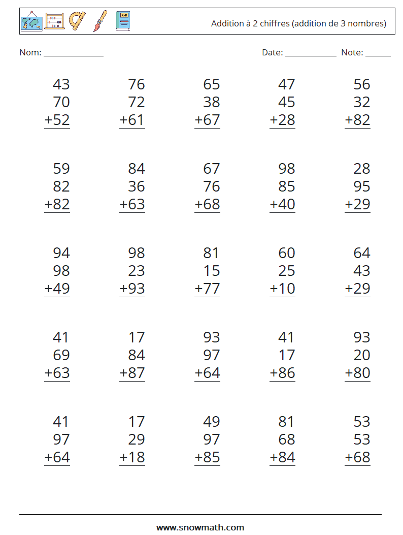 (25) Addition à 2 chiffres (addition de 3 nombres) Fiches d'Exercices de Mathématiques 10