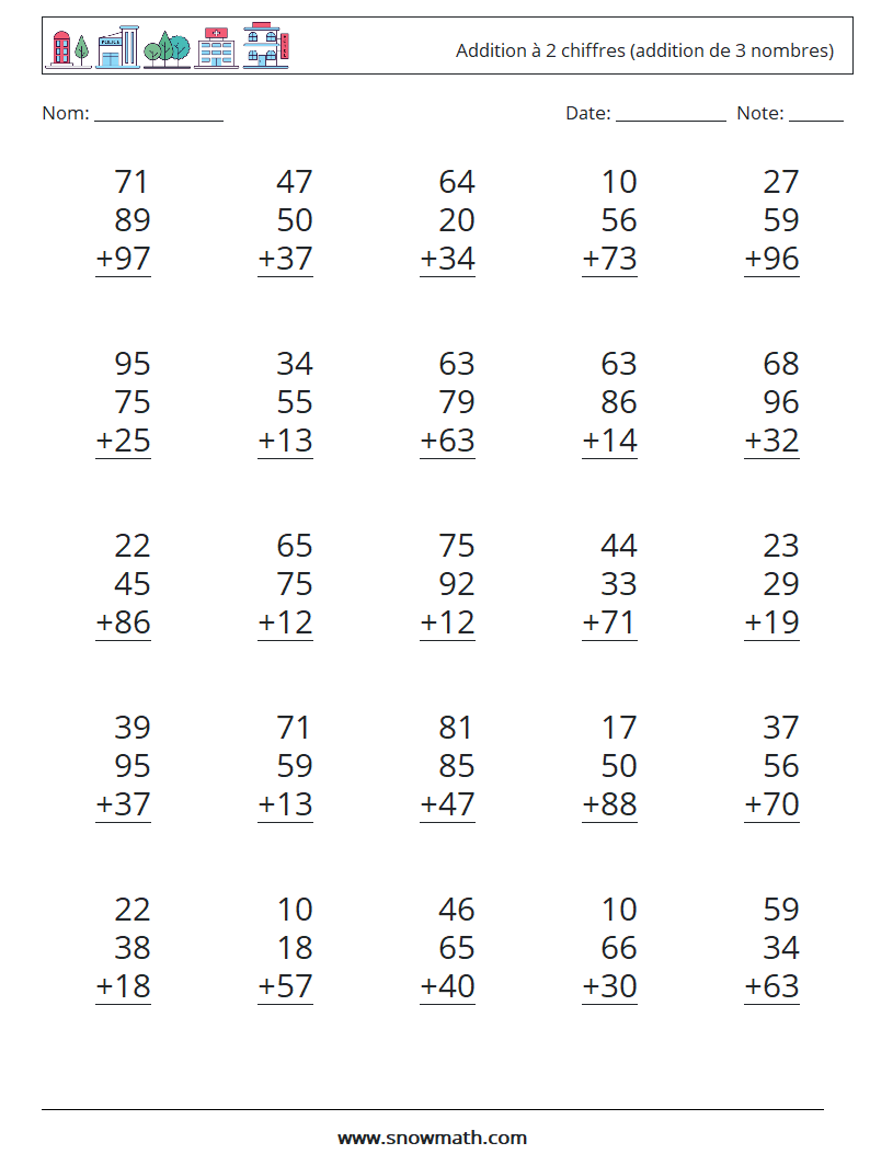 (25) Addition à 2 chiffres (addition de 3 nombres) Fiches d'Exercices de Mathématiques 11