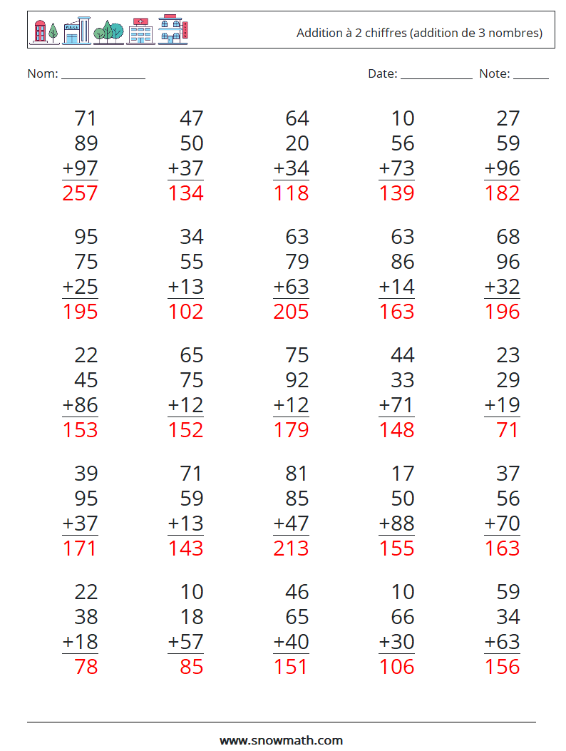 (25) Addition à 2 chiffres (addition de 3 nombres) Fiches d'Exercices de Mathématiques 11 Question, Réponse