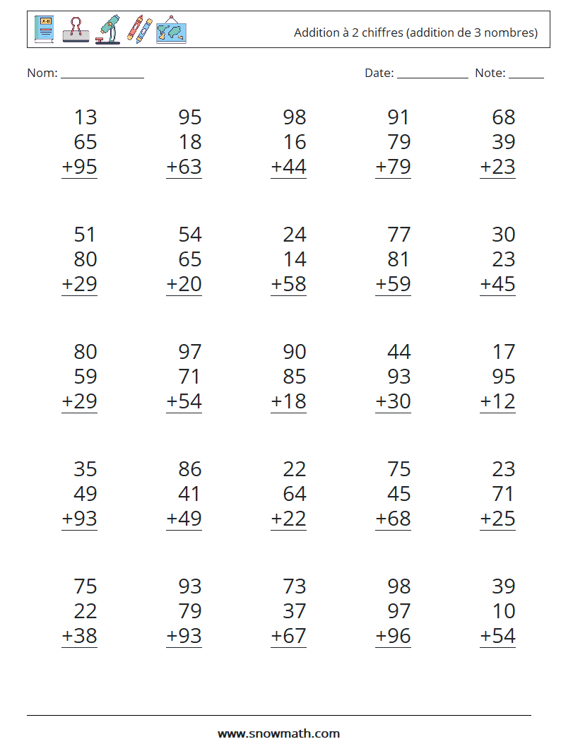 (25) Addition à 2 chiffres (addition de 3 nombres) Fiches d'Exercices de Mathématiques 12