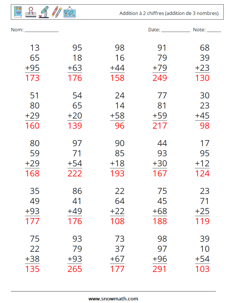 (25) Addition à 2 chiffres (addition de 3 nombres) Fiches d'Exercices de Mathématiques 12 Question, Réponse