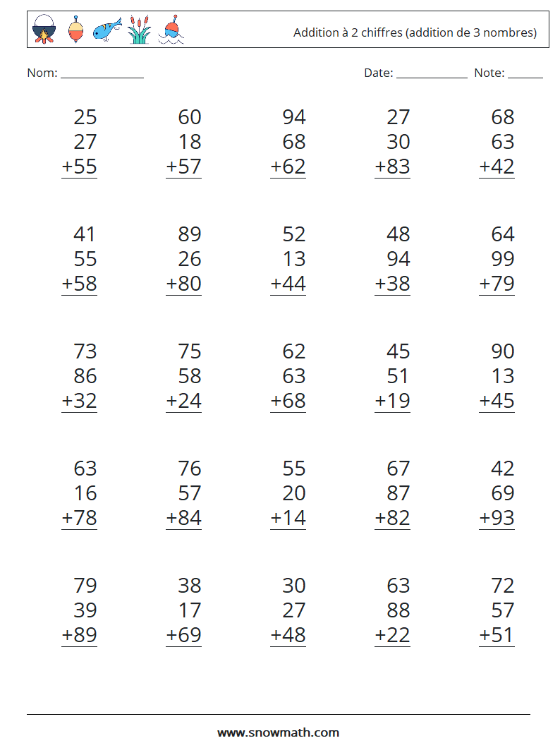 (25) Addition à 2 chiffres (addition de 3 nombres) Fiches d'Exercices de Mathématiques 13