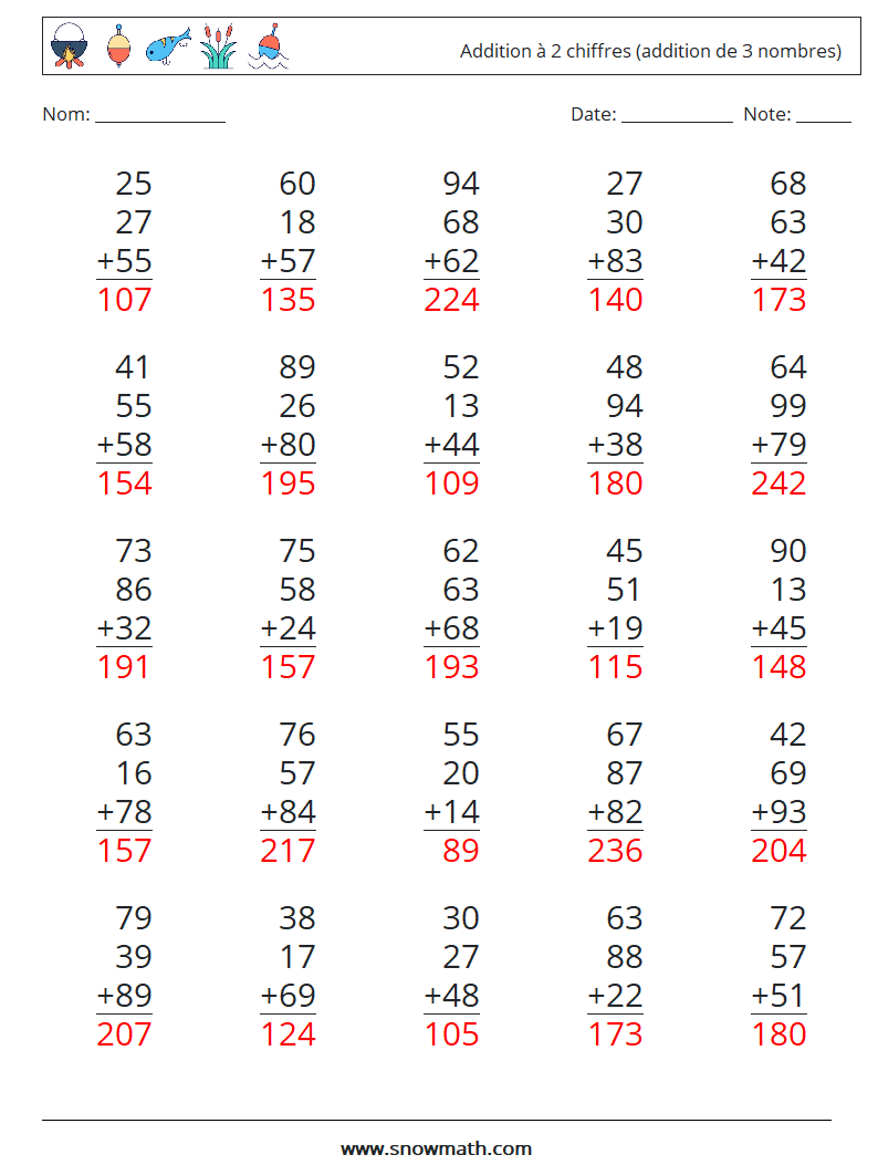 (25) Addition à 2 chiffres (addition de 3 nombres) Fiches d'Exercices de Mathématiques 13 Question, Réponse