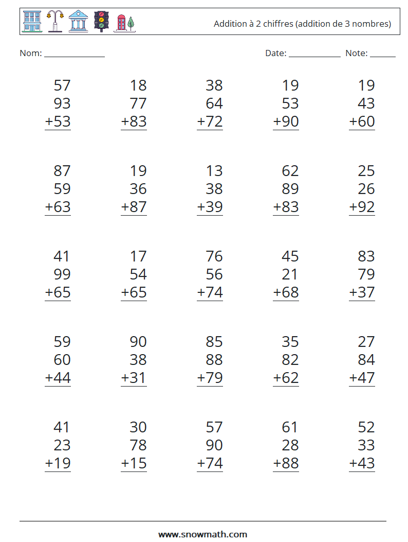 (25) Addition à 2 chiffres (addition de 3 nombres) Fiches d'Exercices de Mathématiques 14