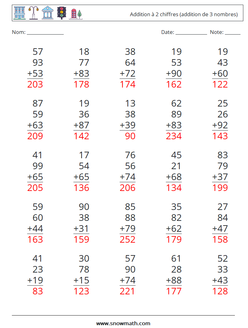 (25) Addition à 2 chiffres (addition de 3 nombres) Fiches d'Exercices de Mathématiques 14 Question, Réponse