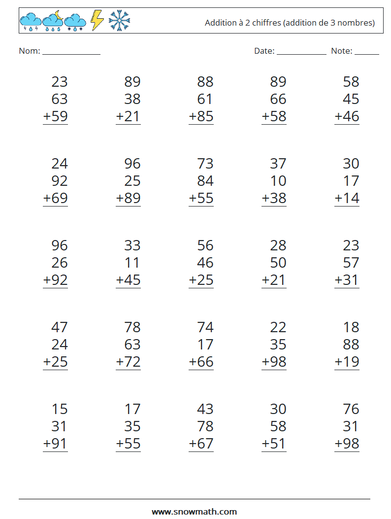 (25) Addition à 2 chiffres (addition de 3 nombres) Fiches d'Exercices de Mathématiques 15