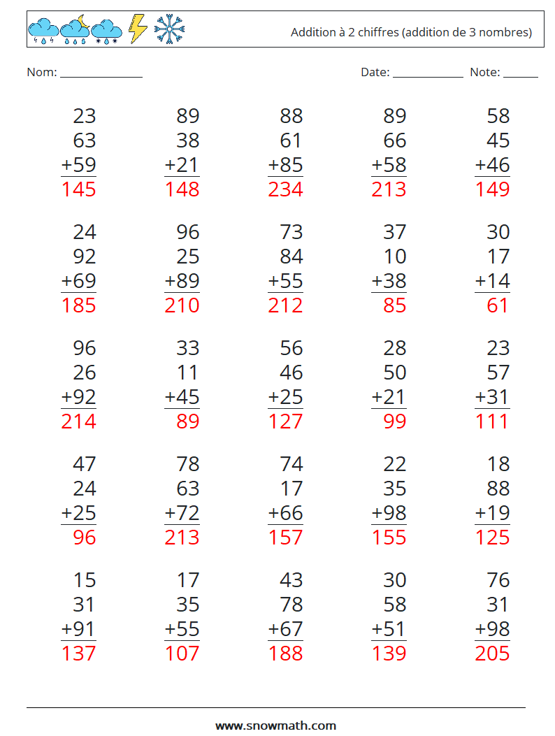 (25) Addition à 2 chiffres (addition de 3 nombres) Fiches d'Exercices de Mathématiques 15 Question, Réponse