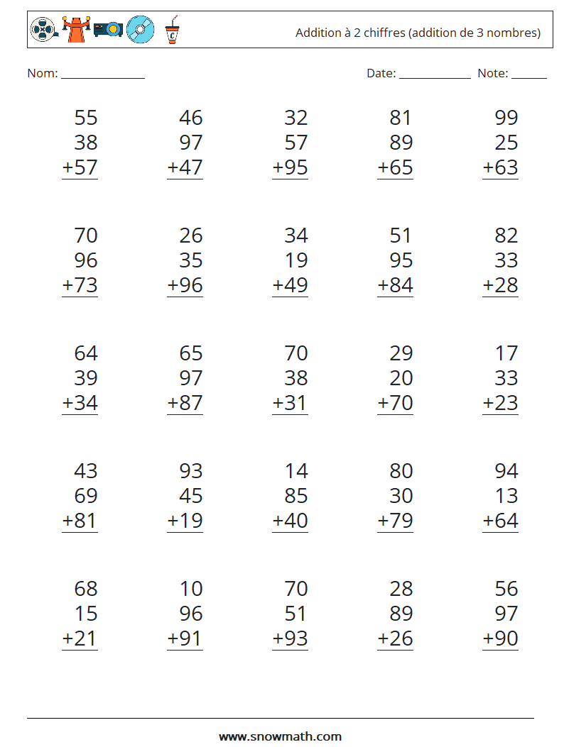 (25) Addition à 2 chiffres (addition de 3 nombres) Fiches d'Exercices de Mathématiques 16