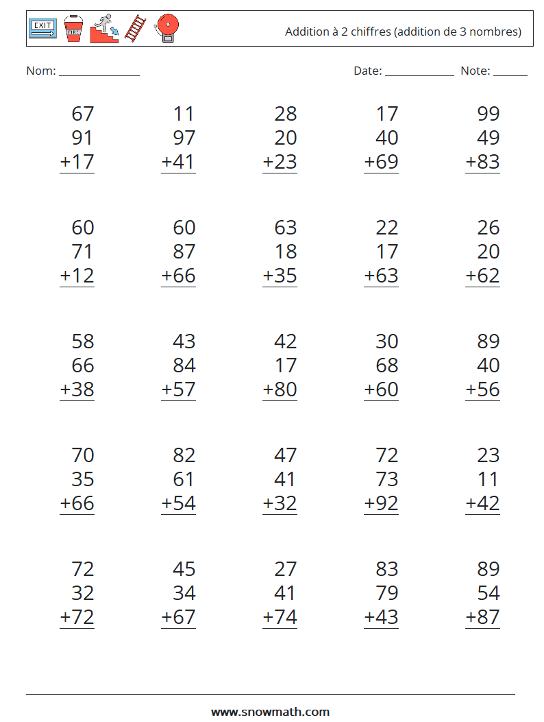 (25) Addition à 2 chiffres (addition de 3 nombres) Fiches d'Exercices de Mathématiques 17