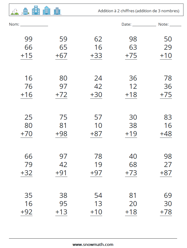 (25) Addition à 2 chiffres (addition de 3 nombres) Fiches d'Exercices de Mathématiques 18