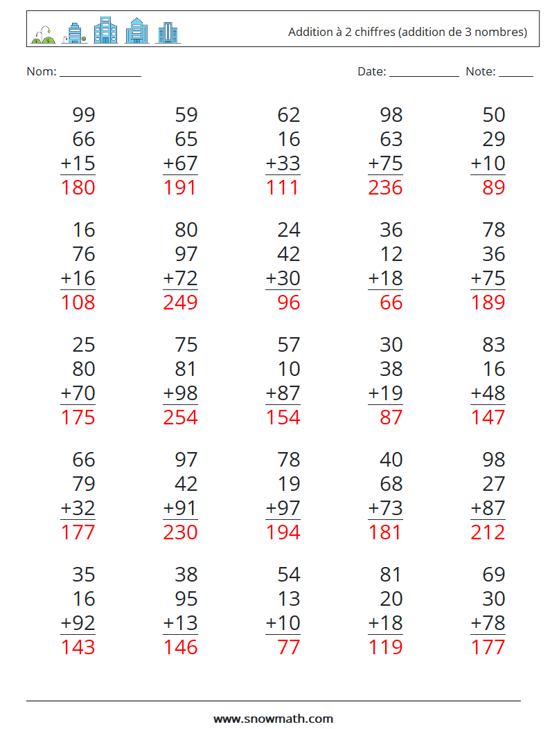 (25) Addition à 2 chiffres (addition de 3 nombres) Fiches d'Exercices de Mathématiques 18 Question, Réponse