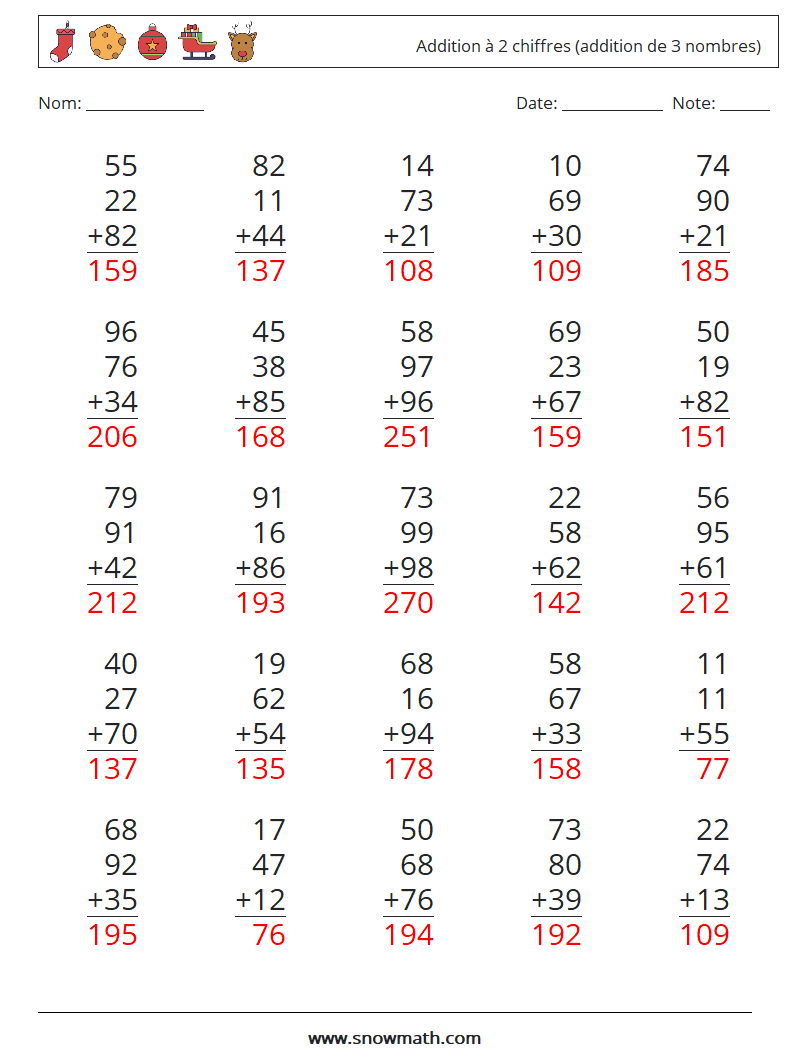 (25) Addition à 2 chiffres (addition de 3 nombres) Fiches d'Exercices de Mathématiques 1 Question, Réponse