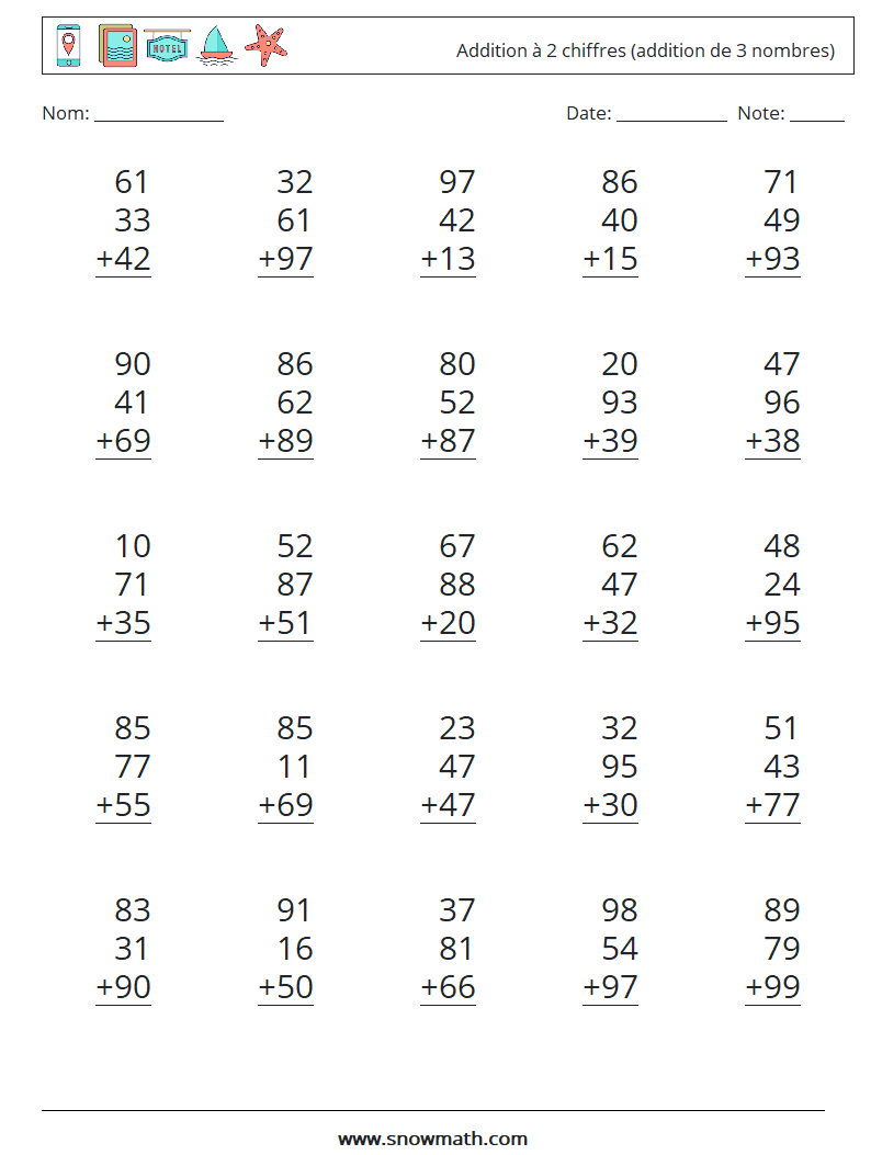 (25) Addition à 2 chiffres (addition de 3 nombres) Fiches d'Exercices de Mathématiques 2