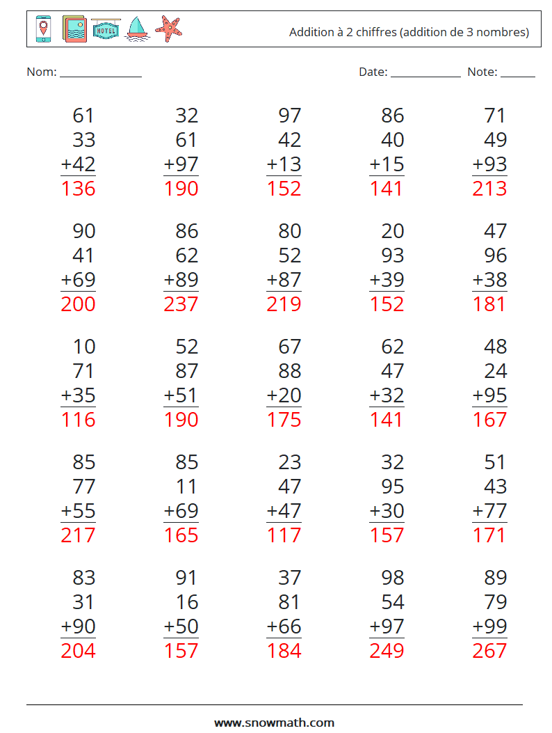 (25) Addition à 2 chiffres (addition de 3 nombres) Fiches d'Exercices de Mathématiques 2 Question, Réponse