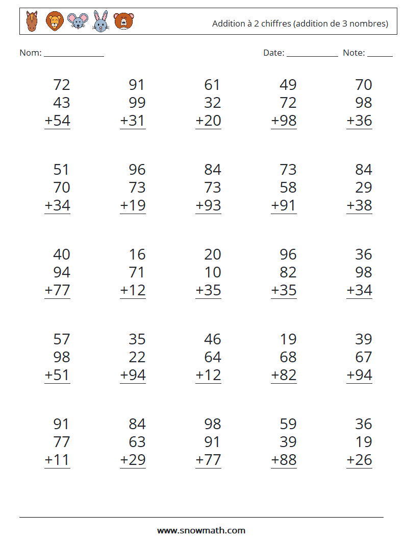 (25) Addition à 2 chiffres (addition de 3 nombres) Fiches d'Exercices de Mathématiques 3