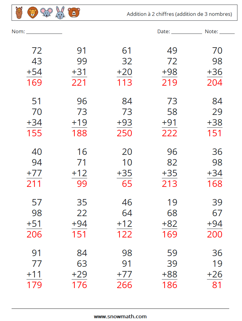 (25) Addition à 2 chiffres (addition de 3 nombres) Fiches d'Exercices de Mathématiques 3 Question, Réponse