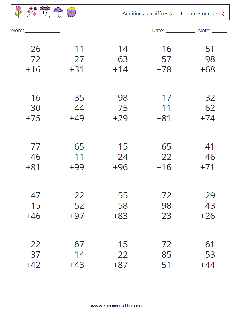 (25) Addition à 2 chiffres (addition de 3 nombres) Fiches d'Exercices de Mathématiques 4