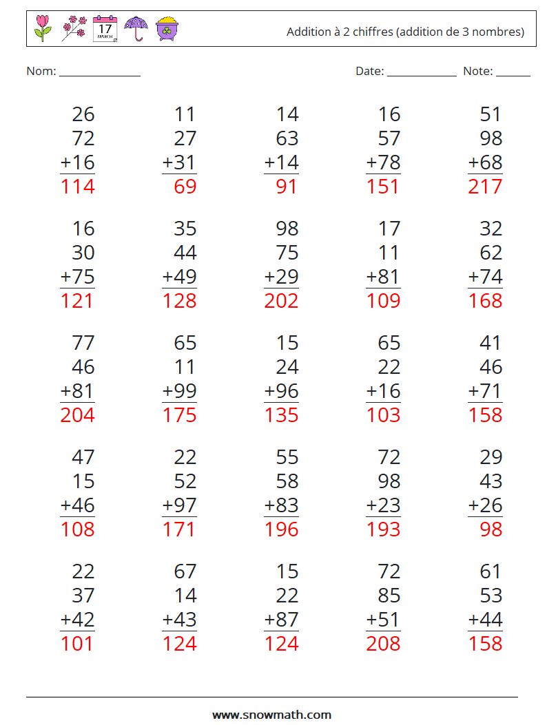 (25) Addition à 2 chiffres (addition de 3 nombres) Fiches d'Exercices de Mathématiques 4 Question, Réponse