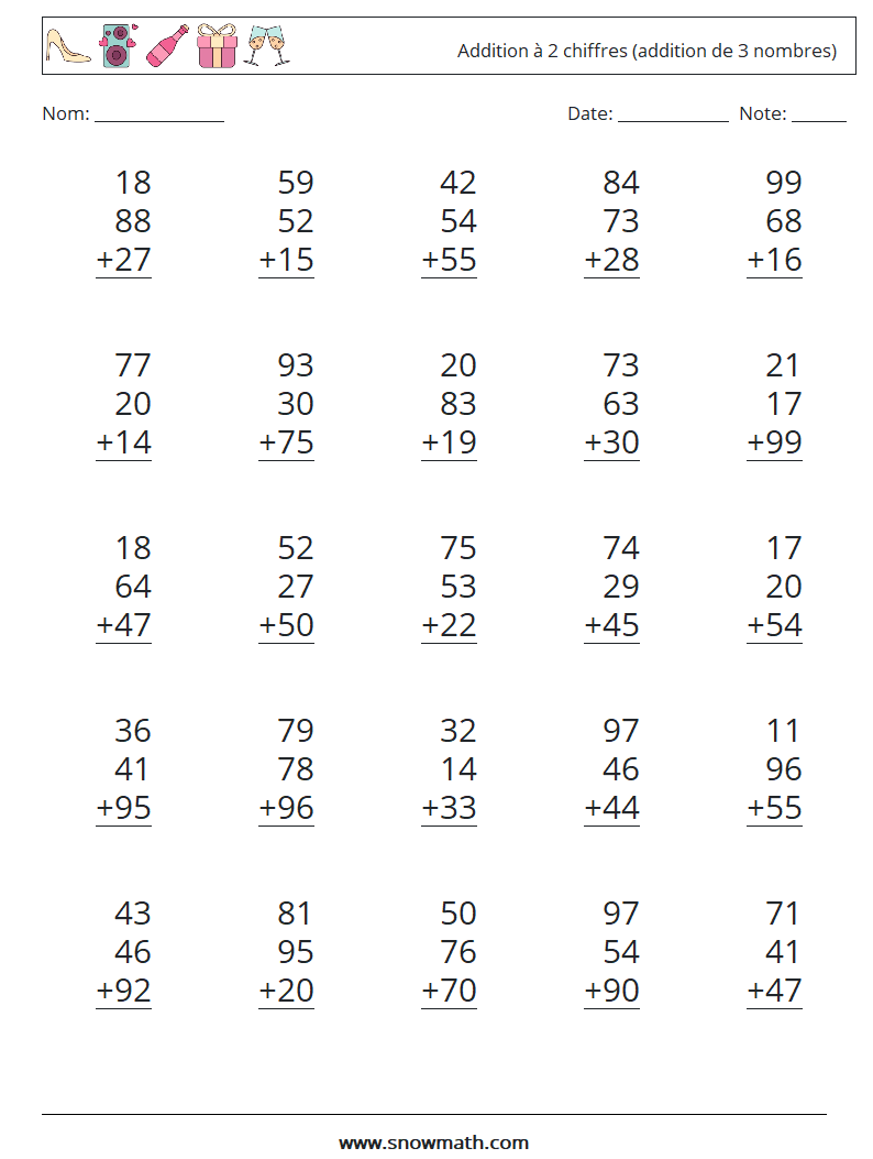 (25) Addition à 2 chiffres (addition de 3 nombres) Fiches d'Exercices de Mathématiques 5