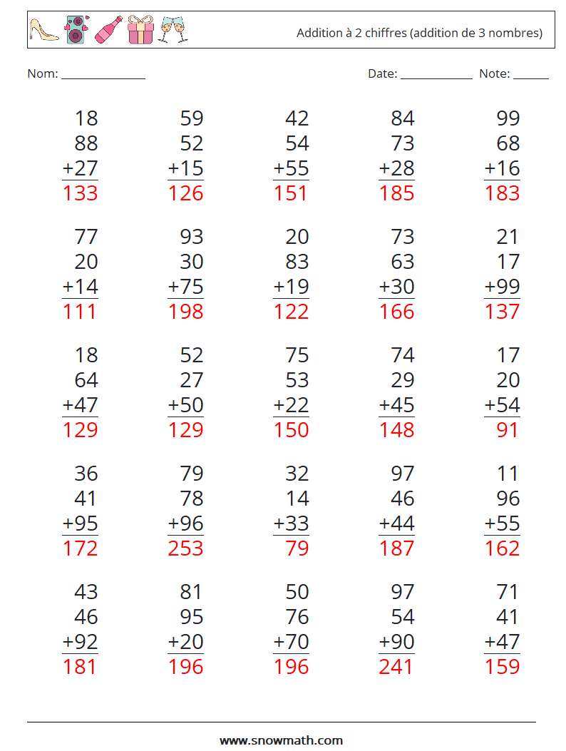 (25) Addition à 2 chiffres (addition de 3 nombres) Fiches d'Exercices de Mathématiques 5 Question, Réponse