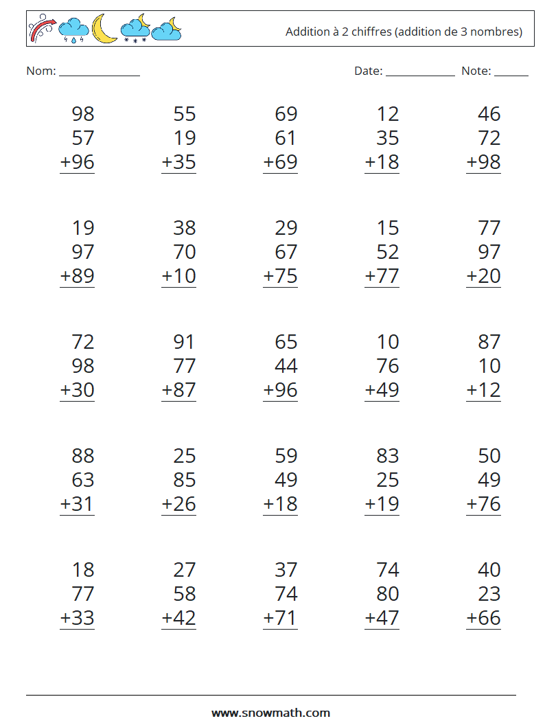 (25) Addition à 2 chiffres (addition de 3 nombres) Fiches d'Exercices de Mathématiques 6