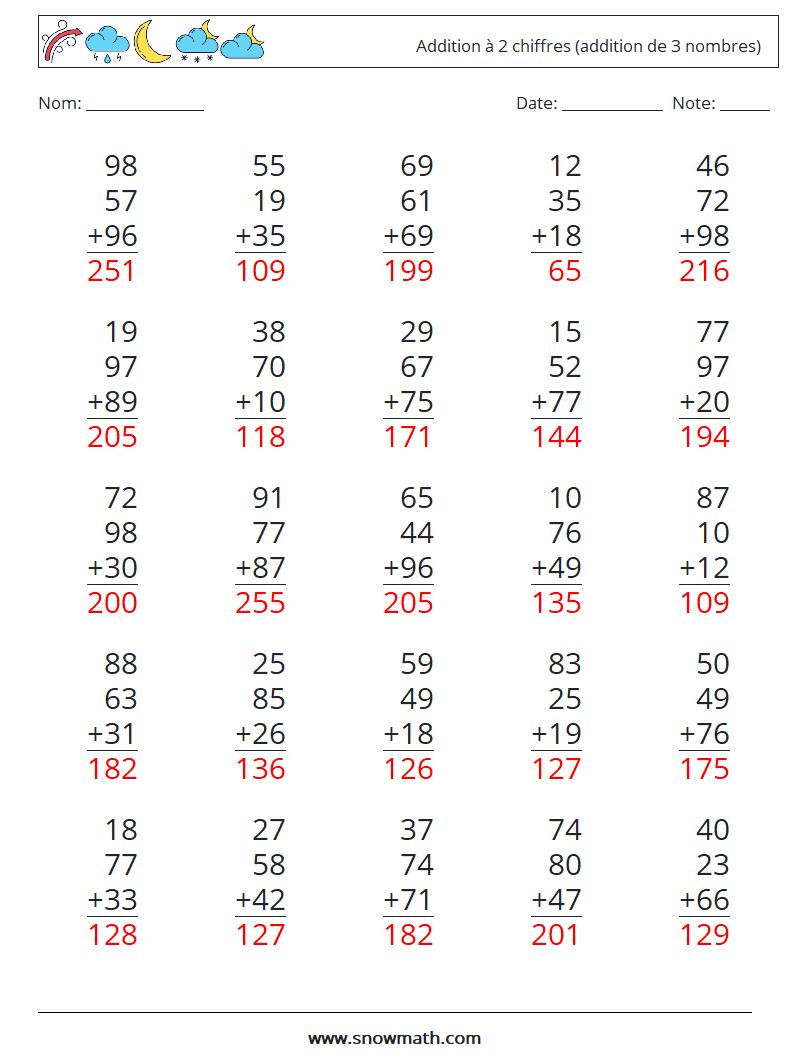 (25) Addition à 2 chiffres (addition de 3 nombres) Fiches d'Exercices de Mathématiques 6 Question, Réponse
