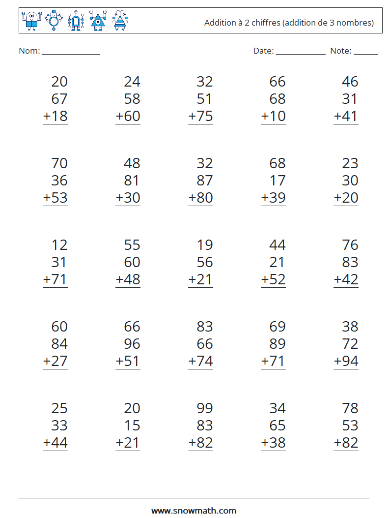 (25) Addition à 2 chiffres (addition de 3 nombres) Fiches d'Exercices de Mathématiques 7