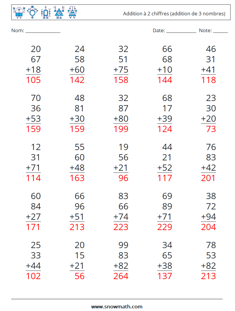 (25) Addition à 2 chiffres (addition de 3 nombres) Fiches d'Exercices de Mathématiques 7 Question, Réponse